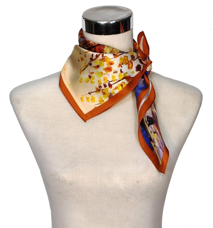 Foulard Shawl Silk Satin Painting City Tree House Blue Red Yellow